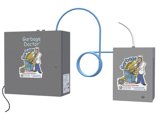 Product photo of the Garbage Doctor Duo: the main ozone unit and its scent tank, with the air hose between them