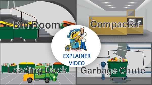 The Garbage Doctor explainer video's title: a bin room, a compactor, a loading dock and a garbage chute, drawn around the Garbage Doctor logo