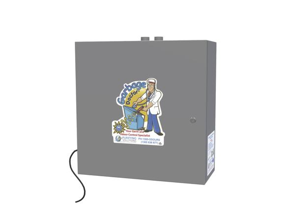 Product photo of the Garbage Doctor Ozone HD, a wall-mounted stainless steel ozone unit with two outlets on top