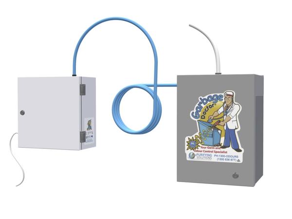 Product photo of the Garbage Doctor Scenting: a white control unit and a stainless scent tank, with the air hose between them
